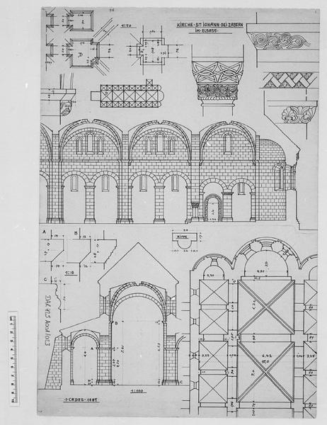 Plan schématique de voutement, plan partie avec voutement, coupe transversale partielle, coupe longitudinale partielle ouest-est, coupes sur piliers, élévation d'impostes et chapiteaux sculptés.