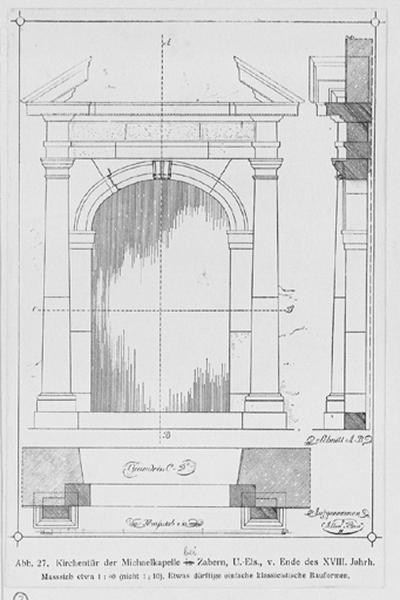 Portail occidental : plan, élévation, coupe.