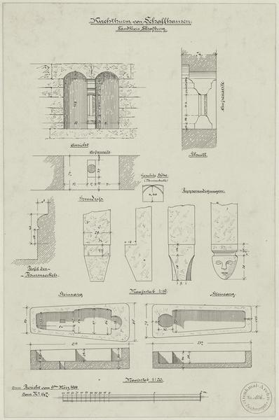 Détails architectoniques de la tour-porche (baies, console, sarcophage).