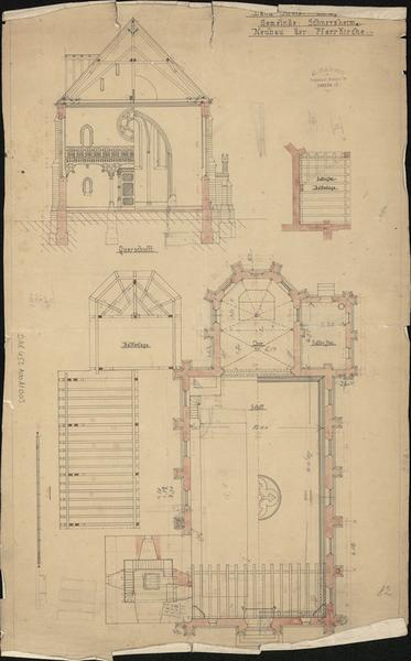 Plan, plans de charpente, coupe transversale.