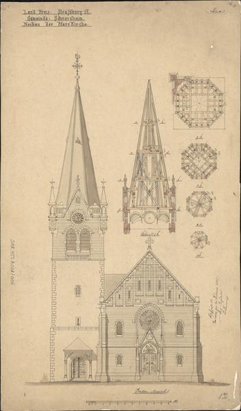 Façade occidentale et plans de charpente.