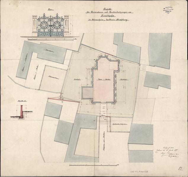 Projet pour le mur de clôture : plan d'ensemble, élévation grille, détail.