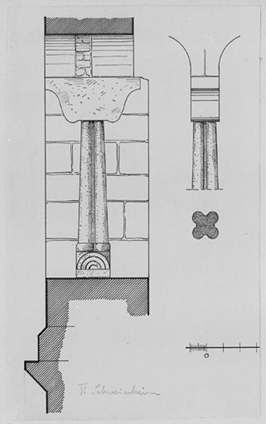 Tour-choeur : plan et élévations de la colonnette des baies jumelées du niveau supérieur.