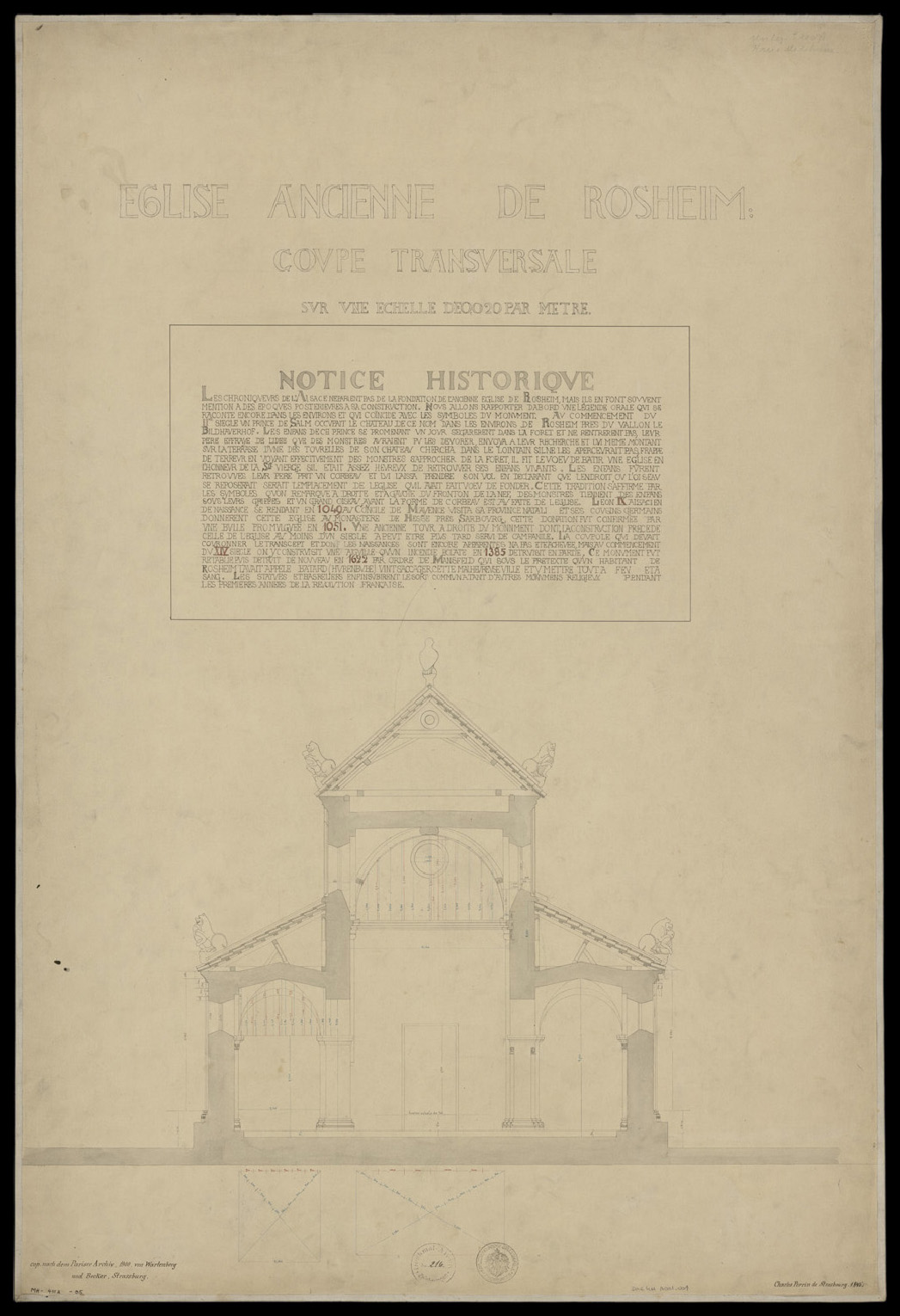 Coupe transversale sur la nef et notice historique.