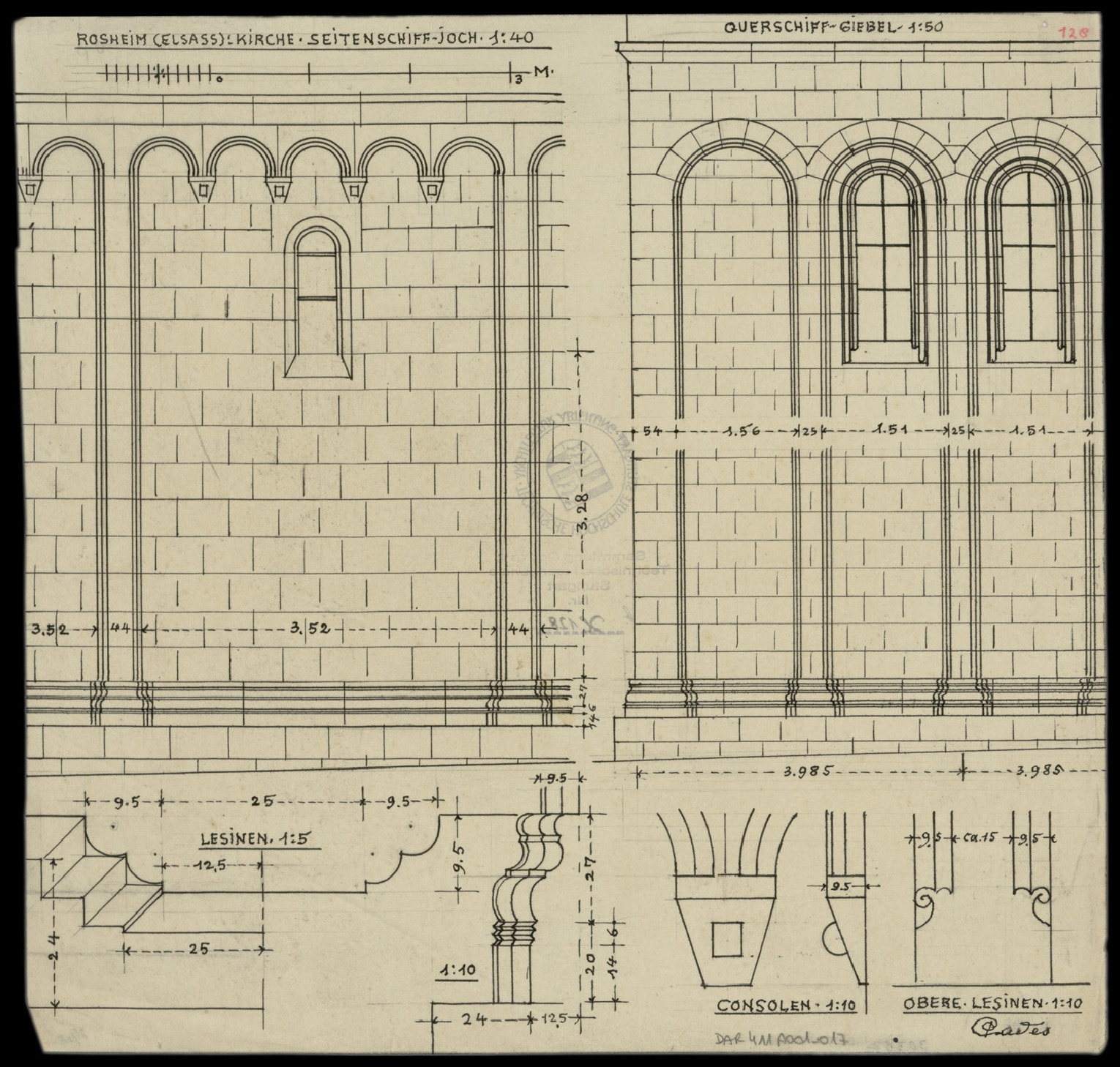 Elévations d’une travée d’un bas-côté et du transept, détail d’une console et profils de moulures.