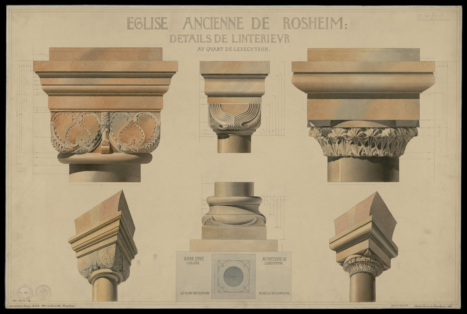 Piliers intérieurs, plan de masse et élévations de chapiteaux.