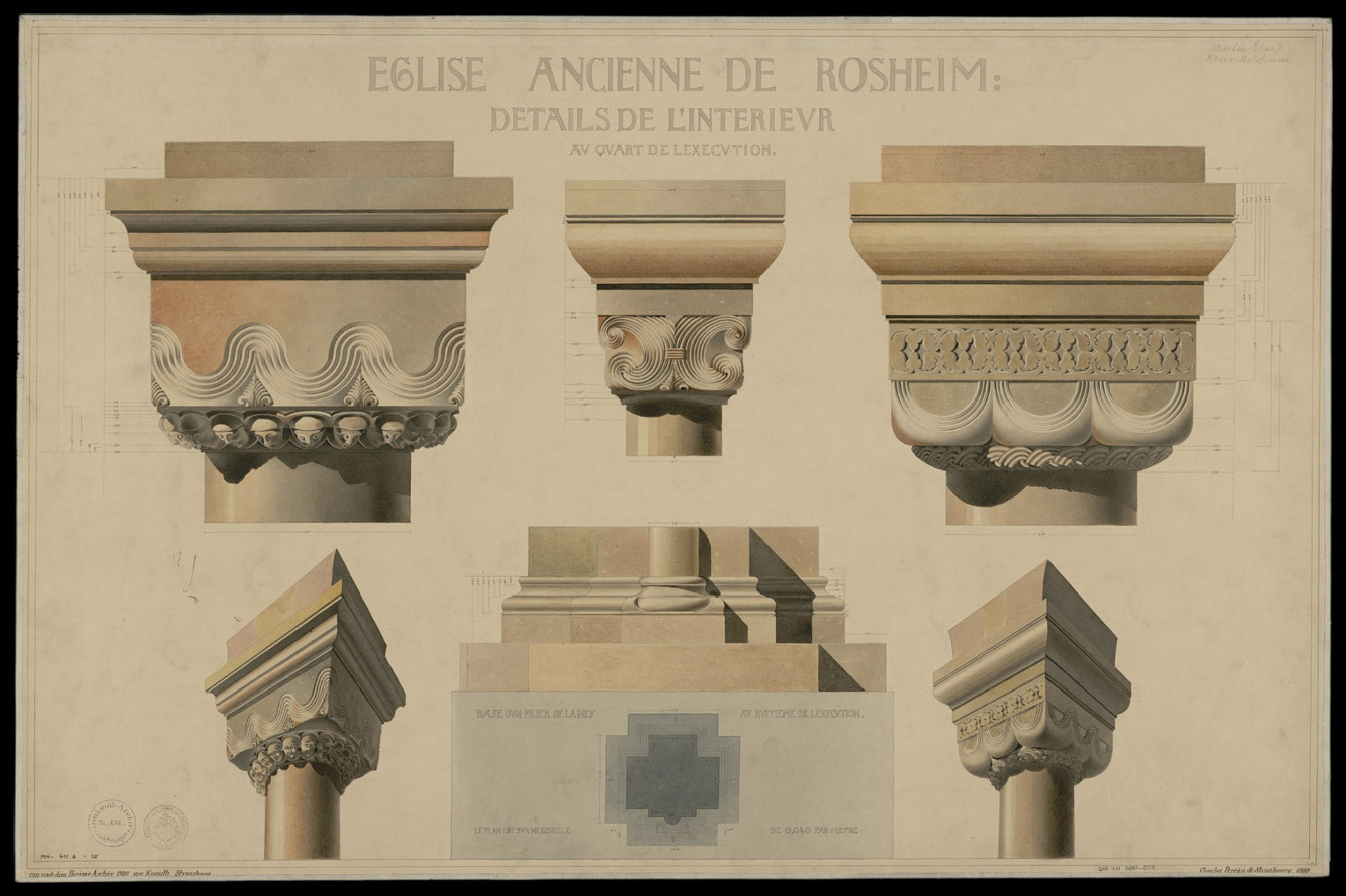 Piliers intérieurs, plan de masse et élévations de chapiteaux.