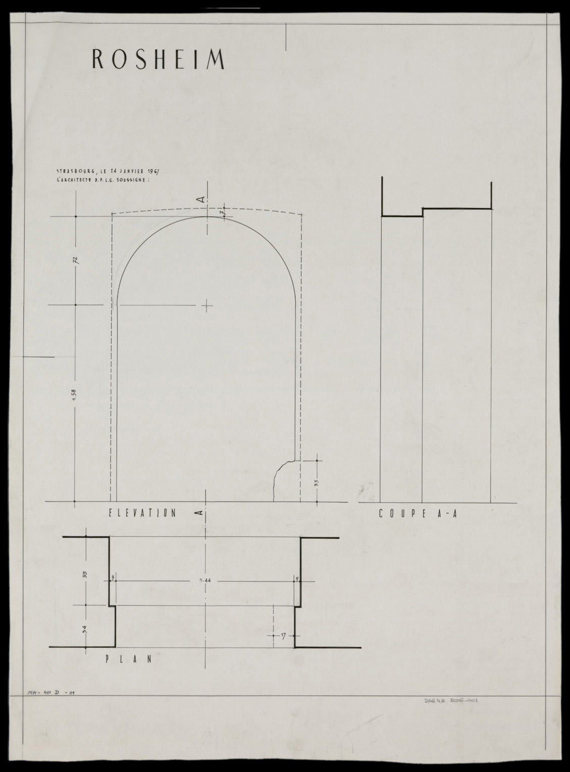 Porte d’entrée, plan, élévation et coupe.