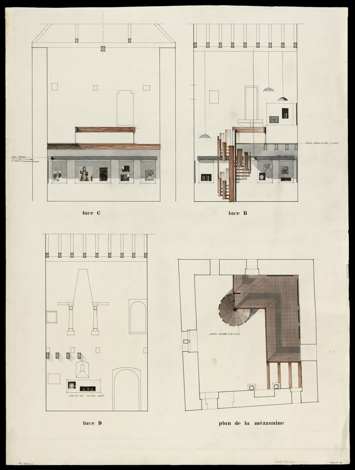 Projet scénographique pour une exposition, plans de la mezzanine et élévations intérieures.