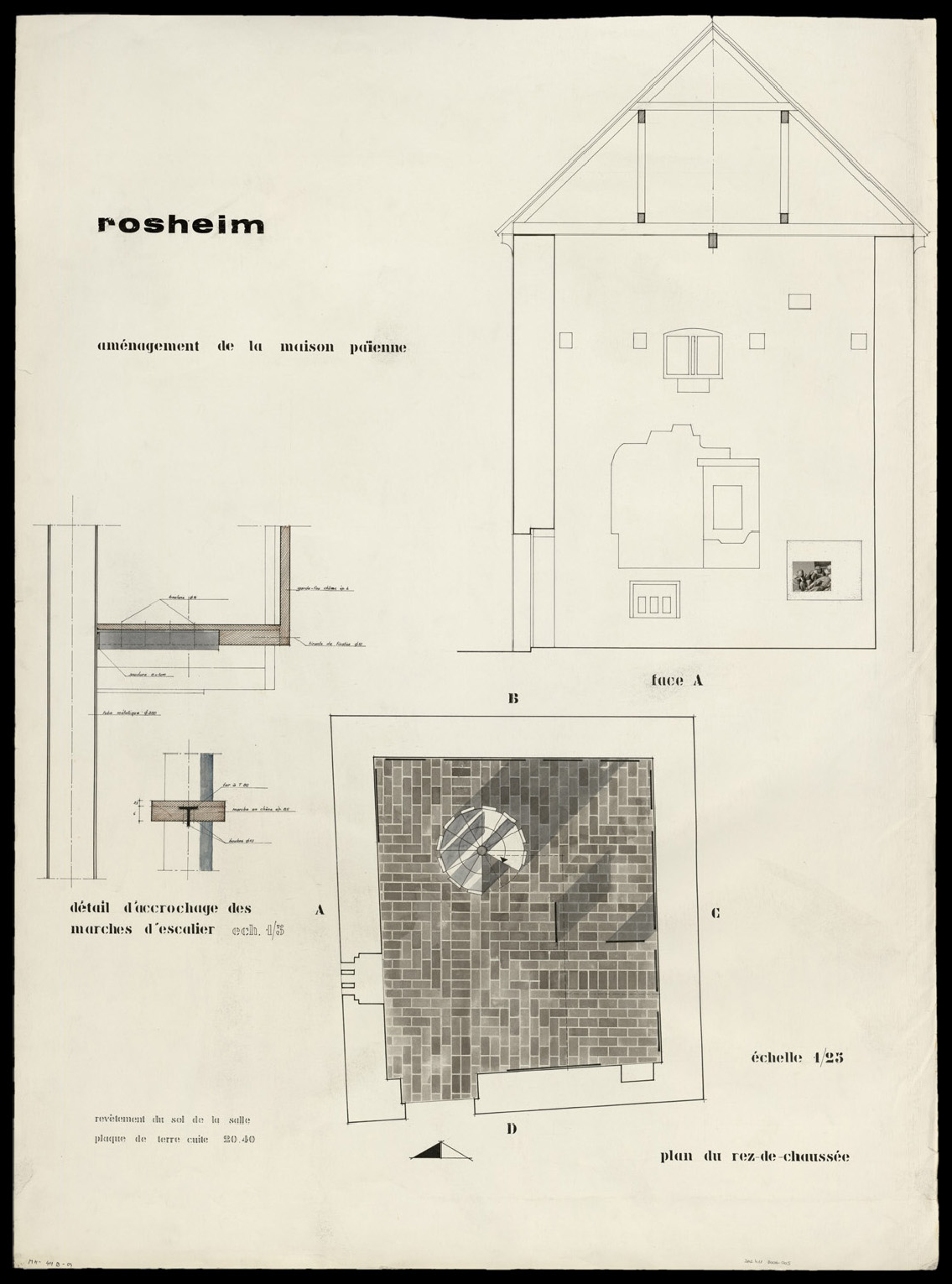 Projet scénographique pour une exposition, plan de masse du rez-de-chaussée, élévation intérieure et détail de l’accrochage des marches d’escalier.