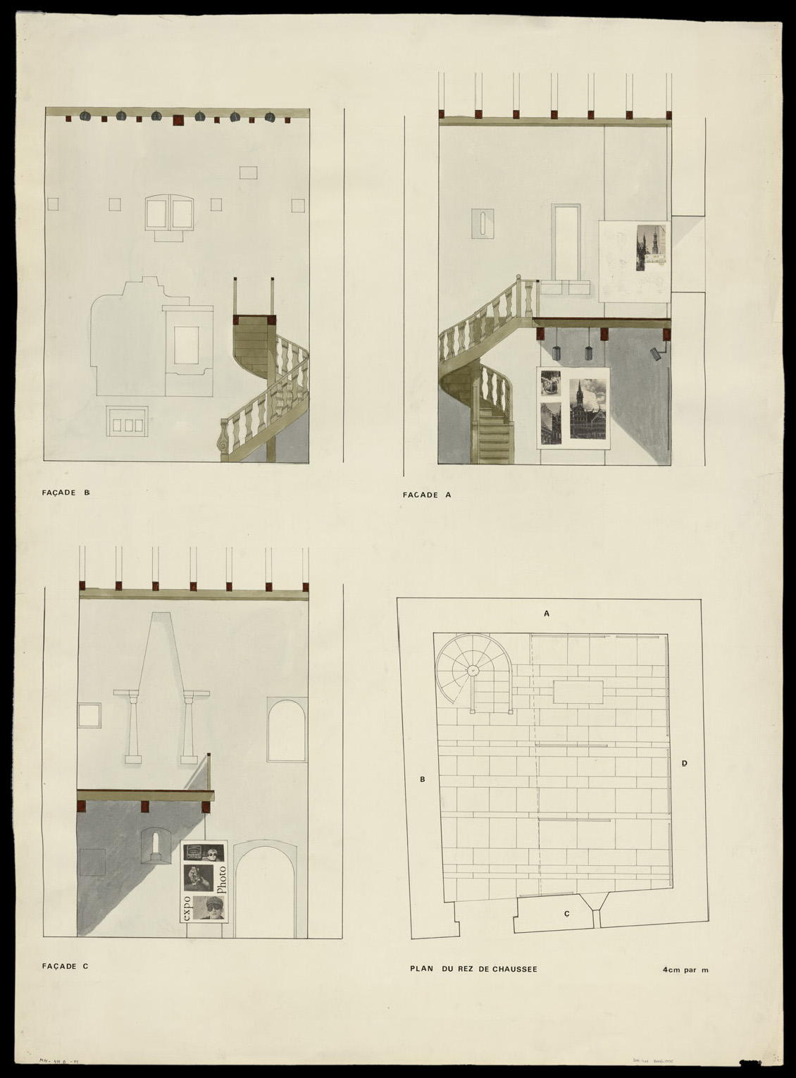 Projet scénographique pour une exposition, plan de masse du rez-de-chaussée et élévations intérieures.