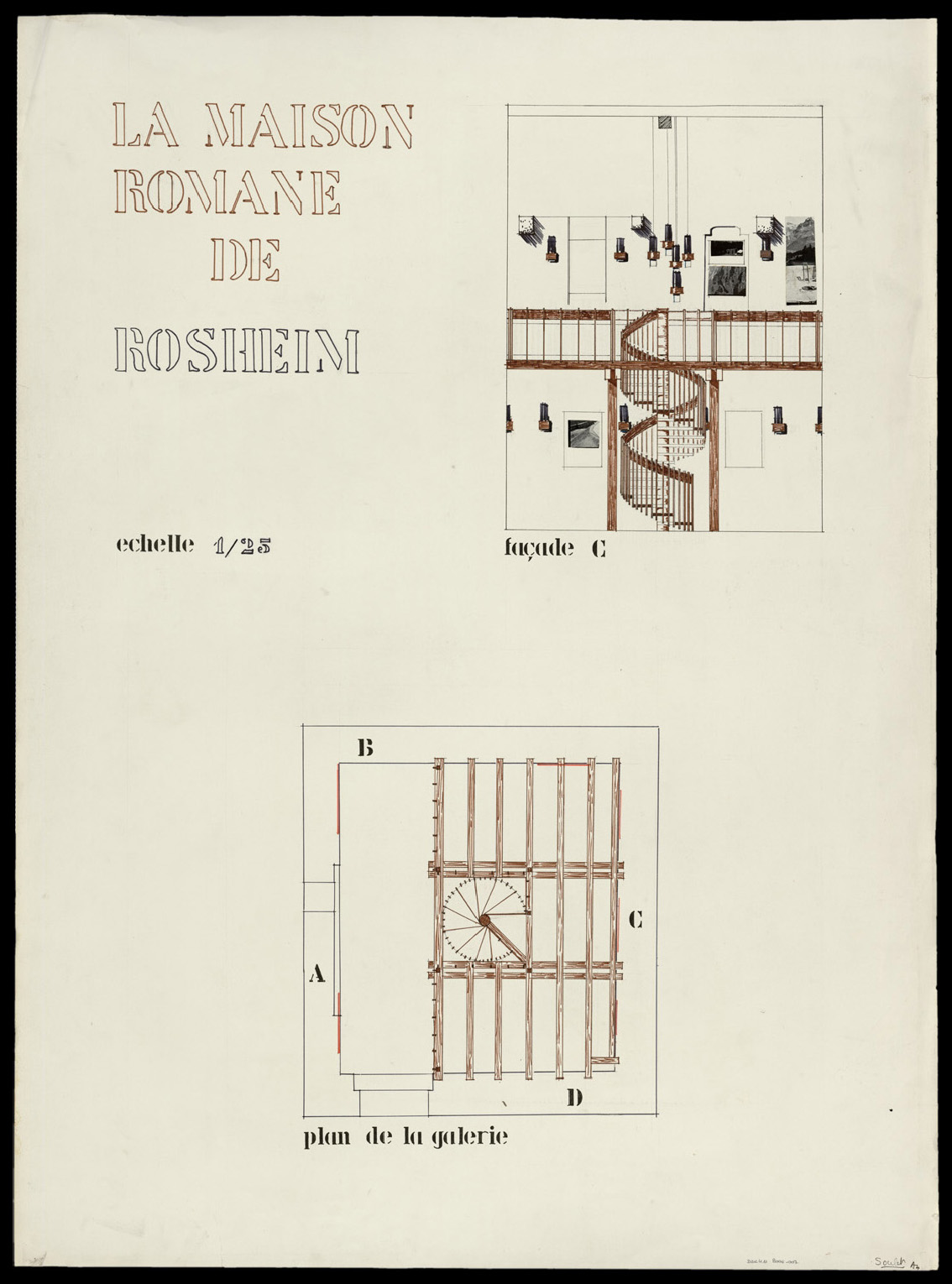 Projet scénographique pour une exposition, plan de masse de la galerie et élévation intérieure.