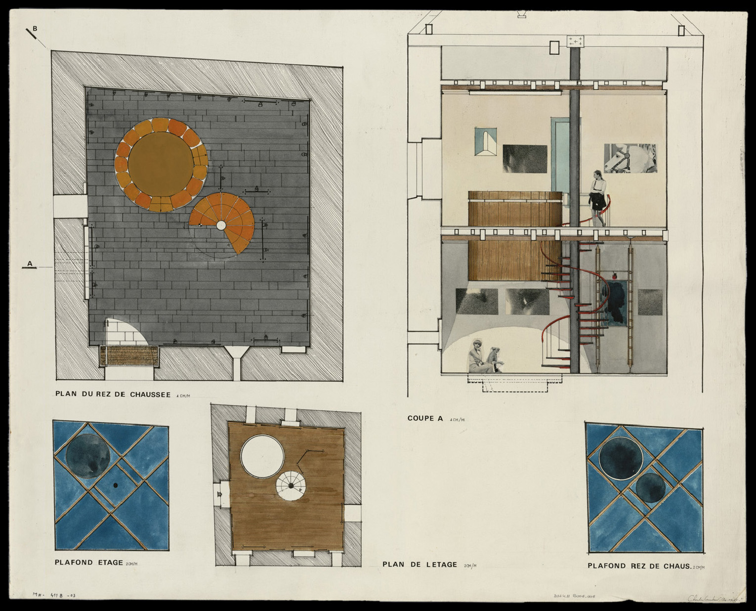 Projet scénographique pour une exposition, plans de masse du rez-de-chaussée et de l’étage, coupe et détails des plafonds.