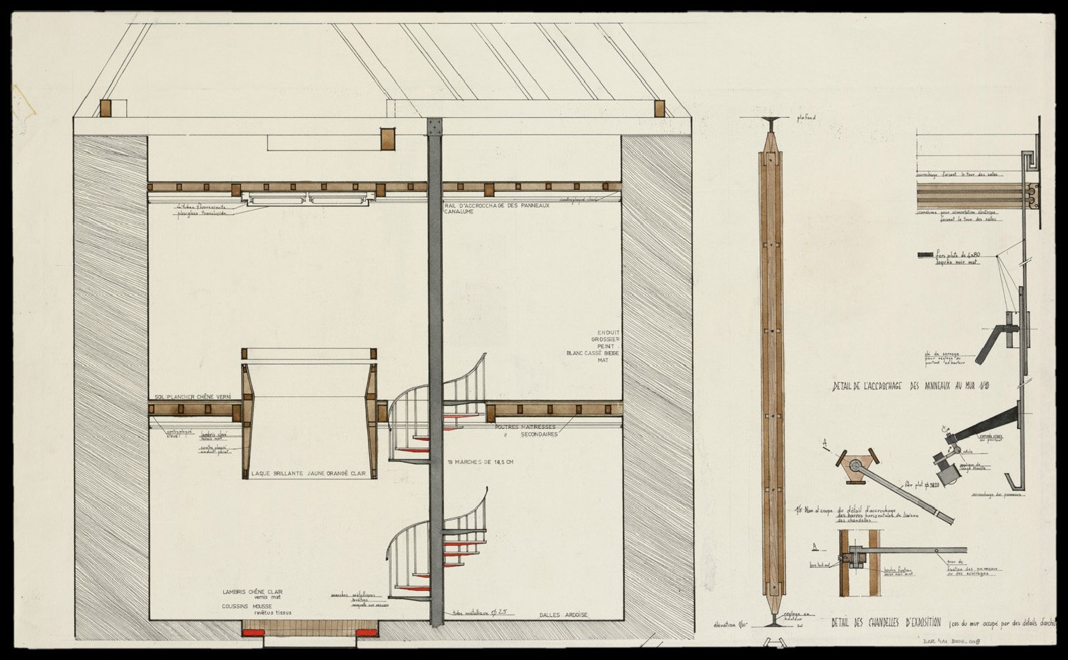 Projet scénographique pour une exposition, coupe longitudinale et détails de l’accrochage et des cimaises.