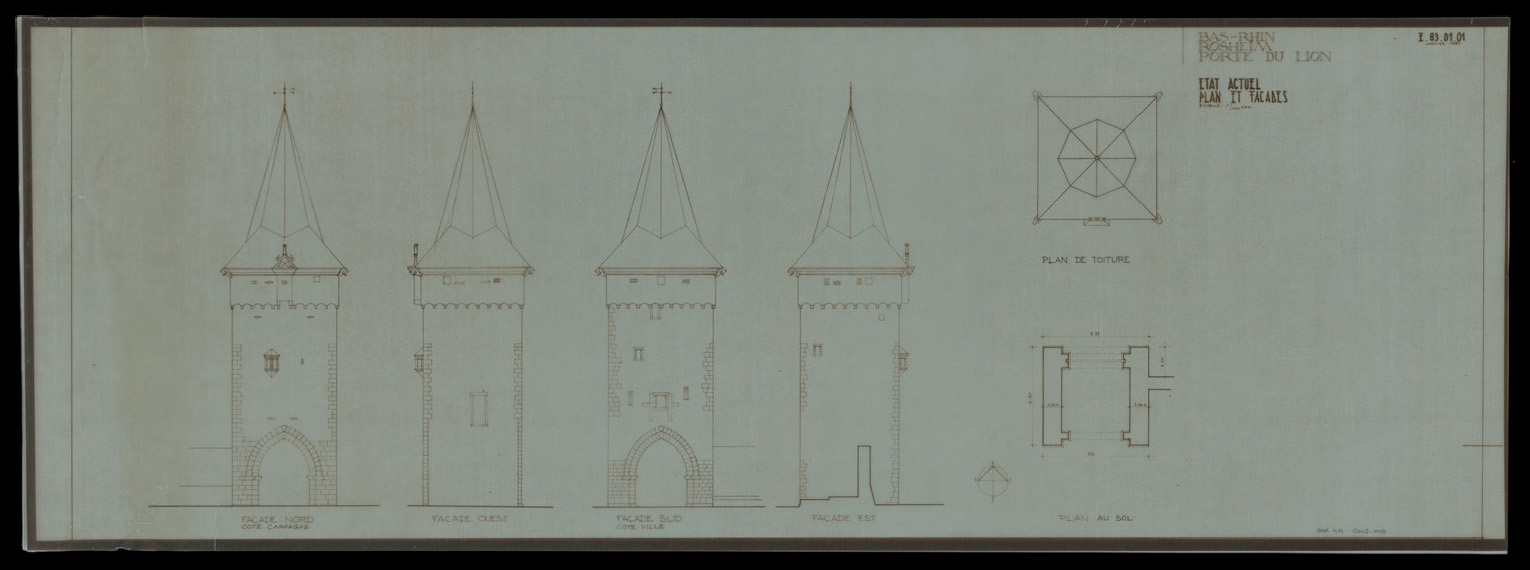 Travaux de restauration de la porte nord, plans de masse et de la toiture et élévations des façades (état avant restauration).