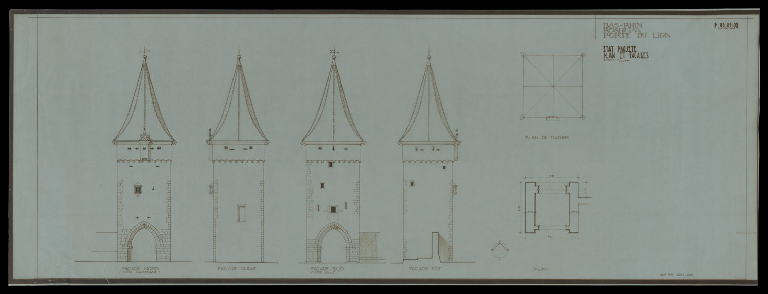 Travaux de restauration de la porte nord, plans de masse et de la toiture et élévations des façades (état projeté).