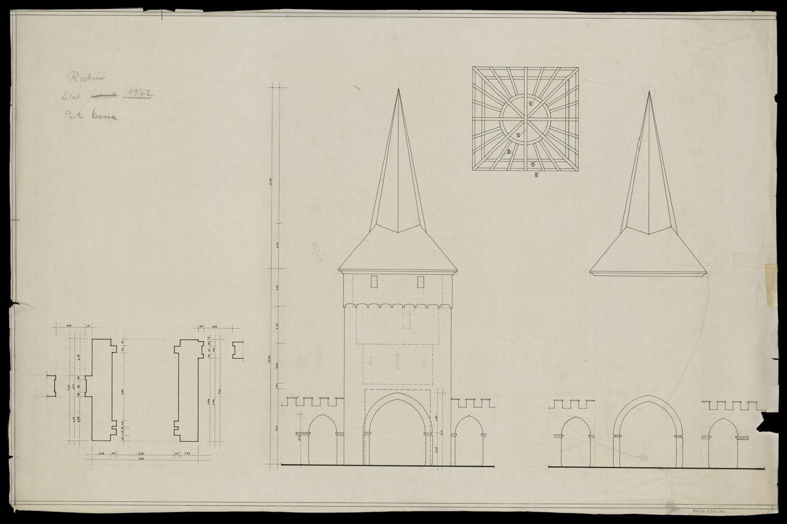 Porte est, plans de masse et de la toiture, élévations.