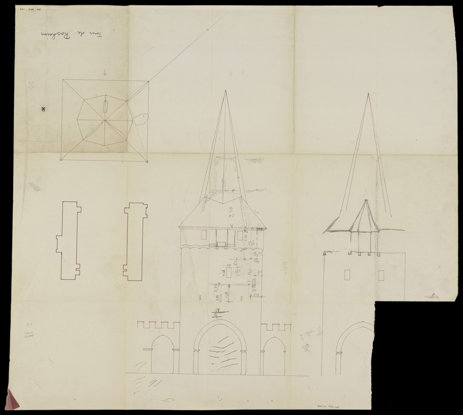 Porte est, plans de masse et de la toiture, élévations.