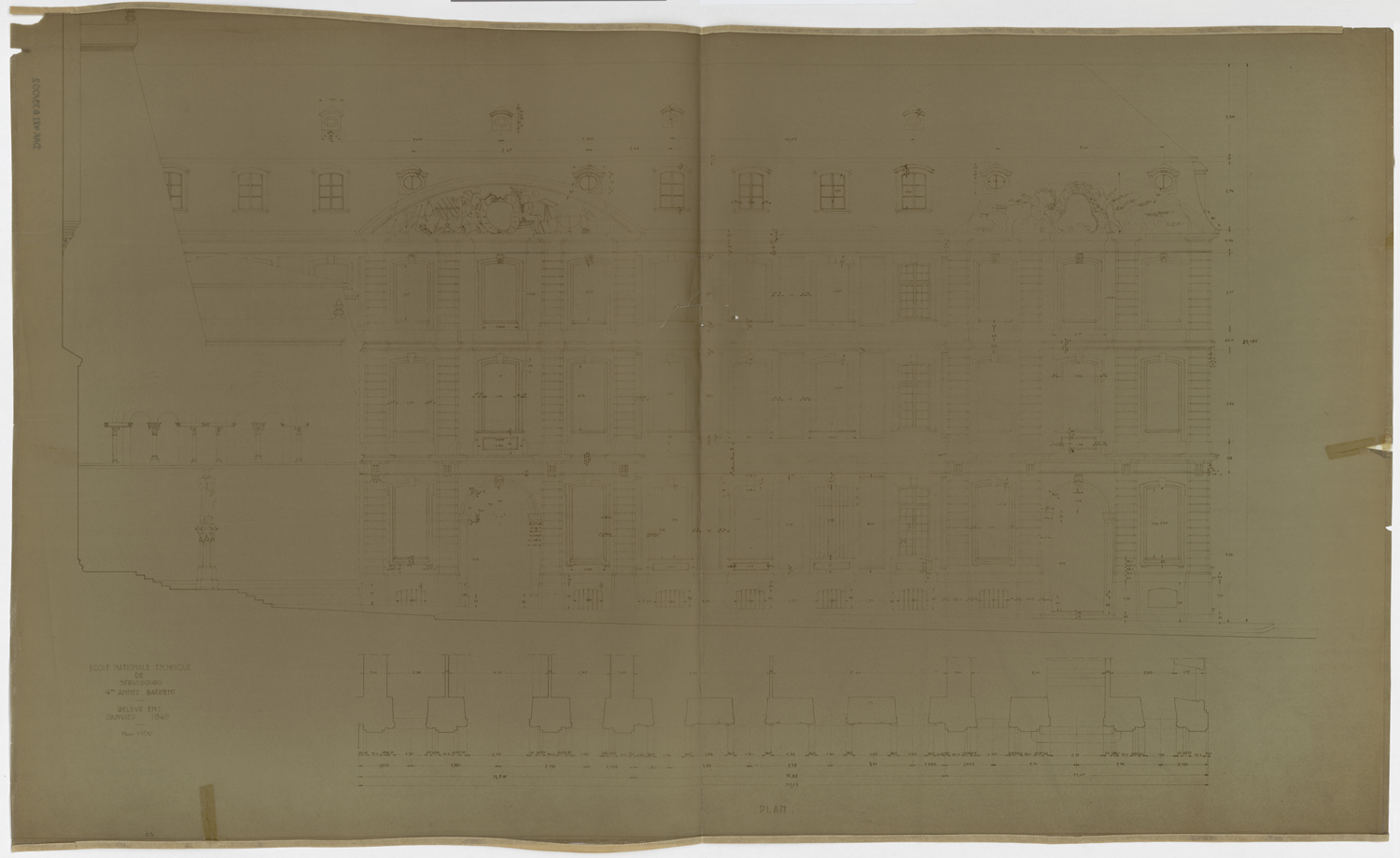 Façade principale, plan de masse et élévation.