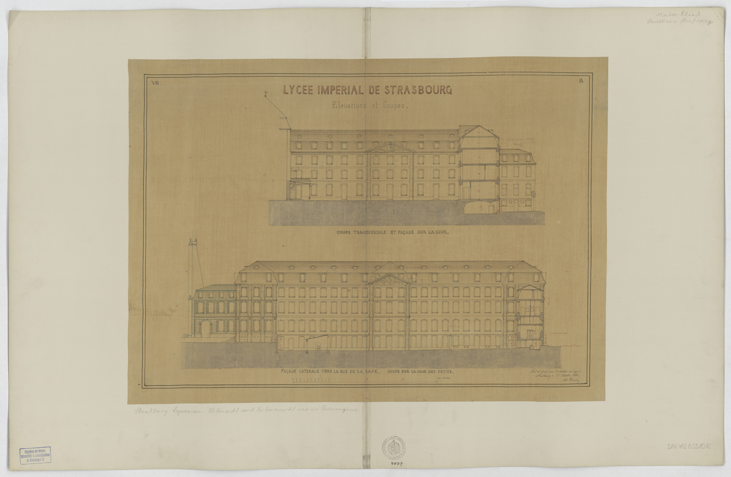 Façade sur cour et façade sud, élévations et coupes transversale et longitudinale.