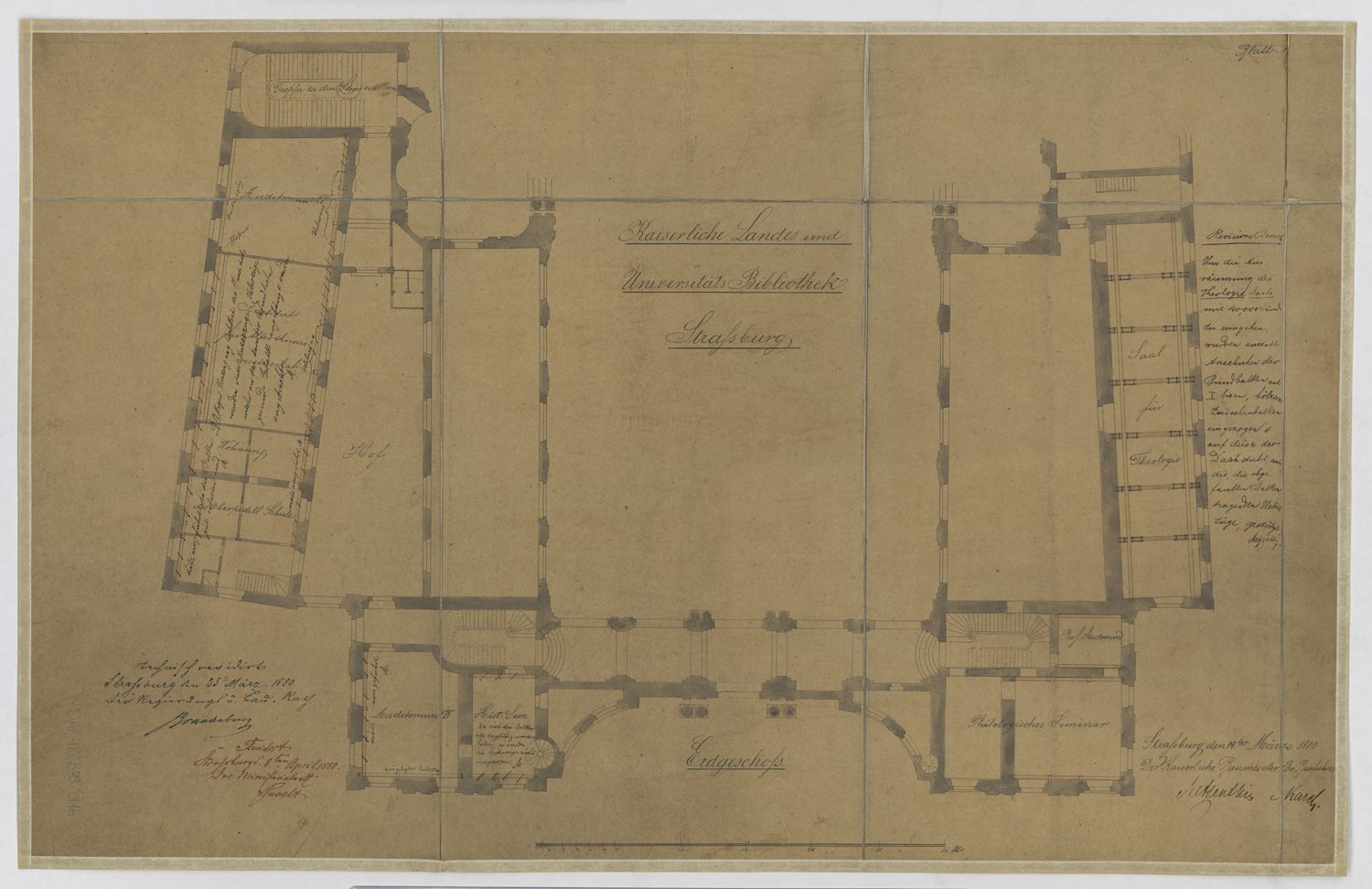 Projet d’aménagement en bibliothèque universitaire, plan du rez-de-chaussée des ailes est et ouest.