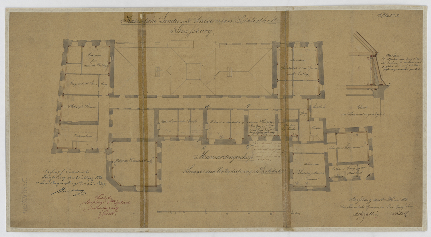 Projet d’aménagement en bibliothèque universitaire, plan de l’étage mansardé et du corps de logis.