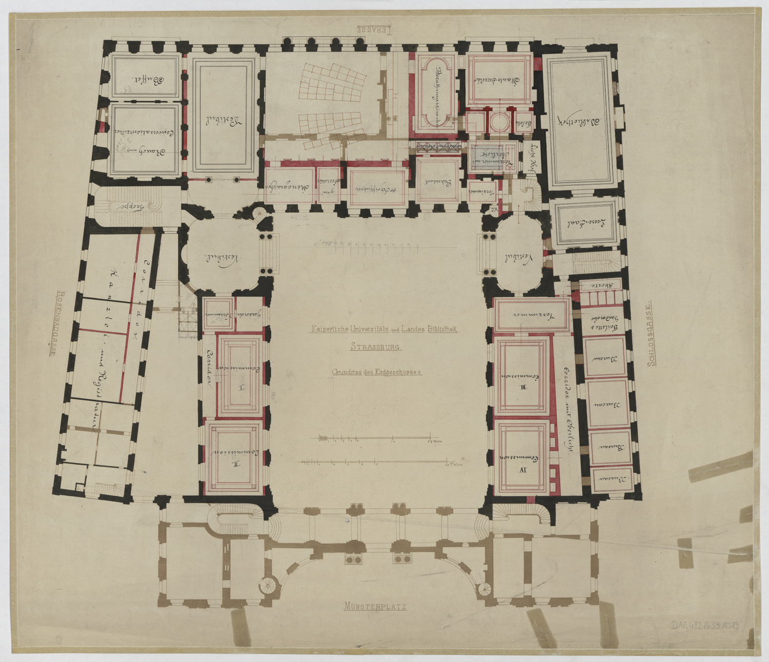 Projet d’aménagement en bibliothèque universitaire, plan de masse du rez-de-chaussée.