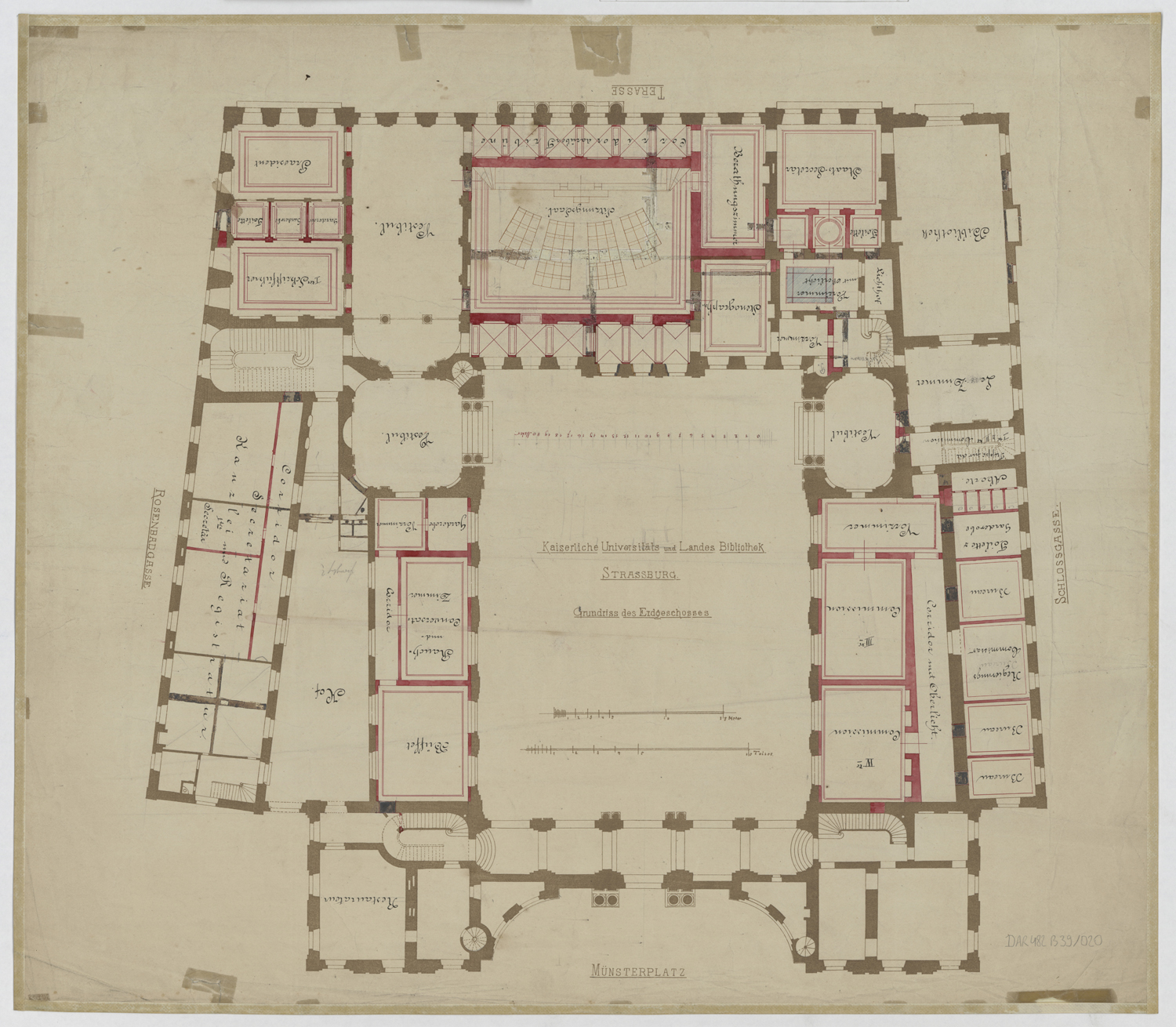 Projet d’aménagement en bibliothèque universitaire, plan de masse du rez-de-chaussée.