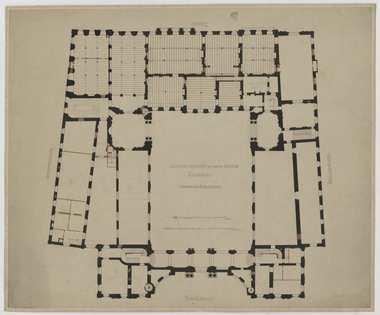 Projet d’aménagement en bibliothèque universitaire, plan de masse du rez-de-chaussée.