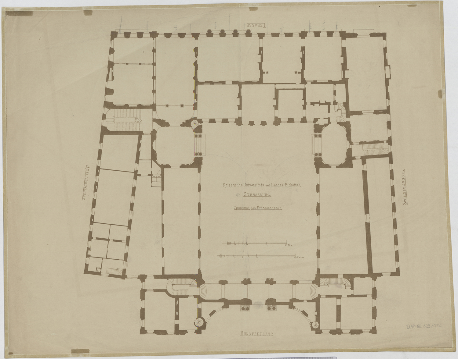 Projet d’aménagement en bibliothèque universitaire, plan de masse du rez-de-chaussée.