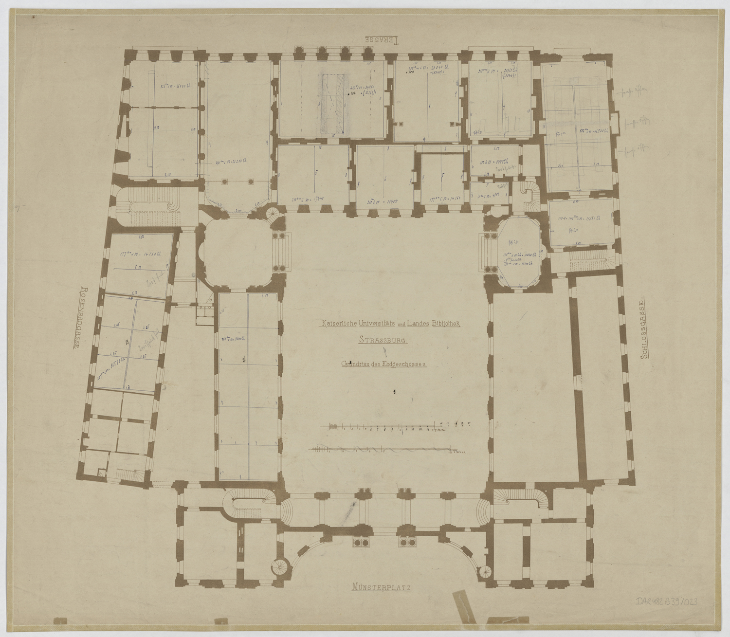 Projet d’aménagement en bibliothèque universitaire, plan de masse du rez-de-chaussée.