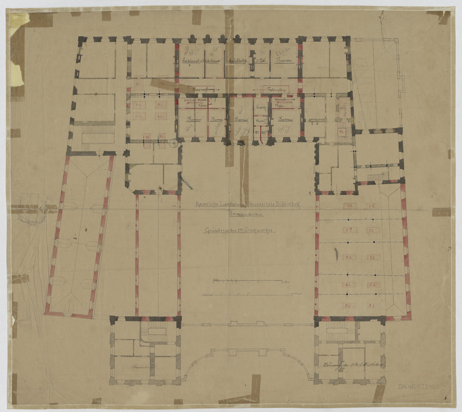 Projet d’aménagement en bibliothèque universitaire, plan de masse du premier étage.