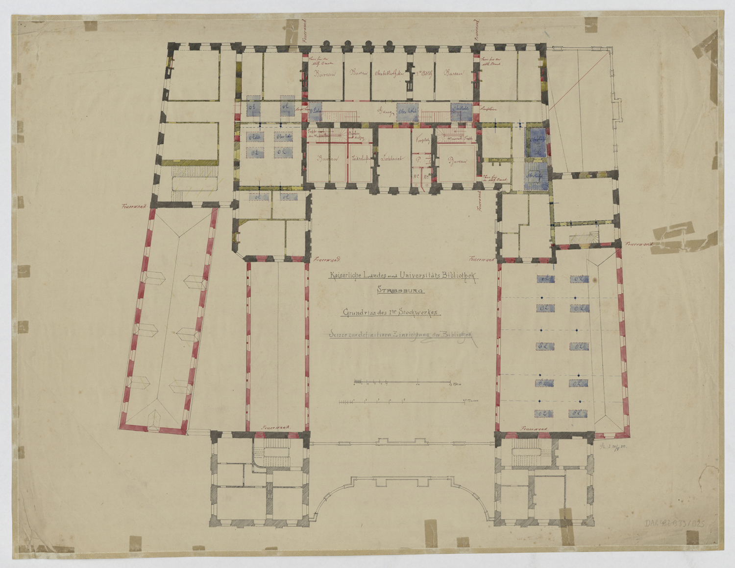 Projet d’aménagement en bibliothèque universitaire, plan de masse du premier étage.