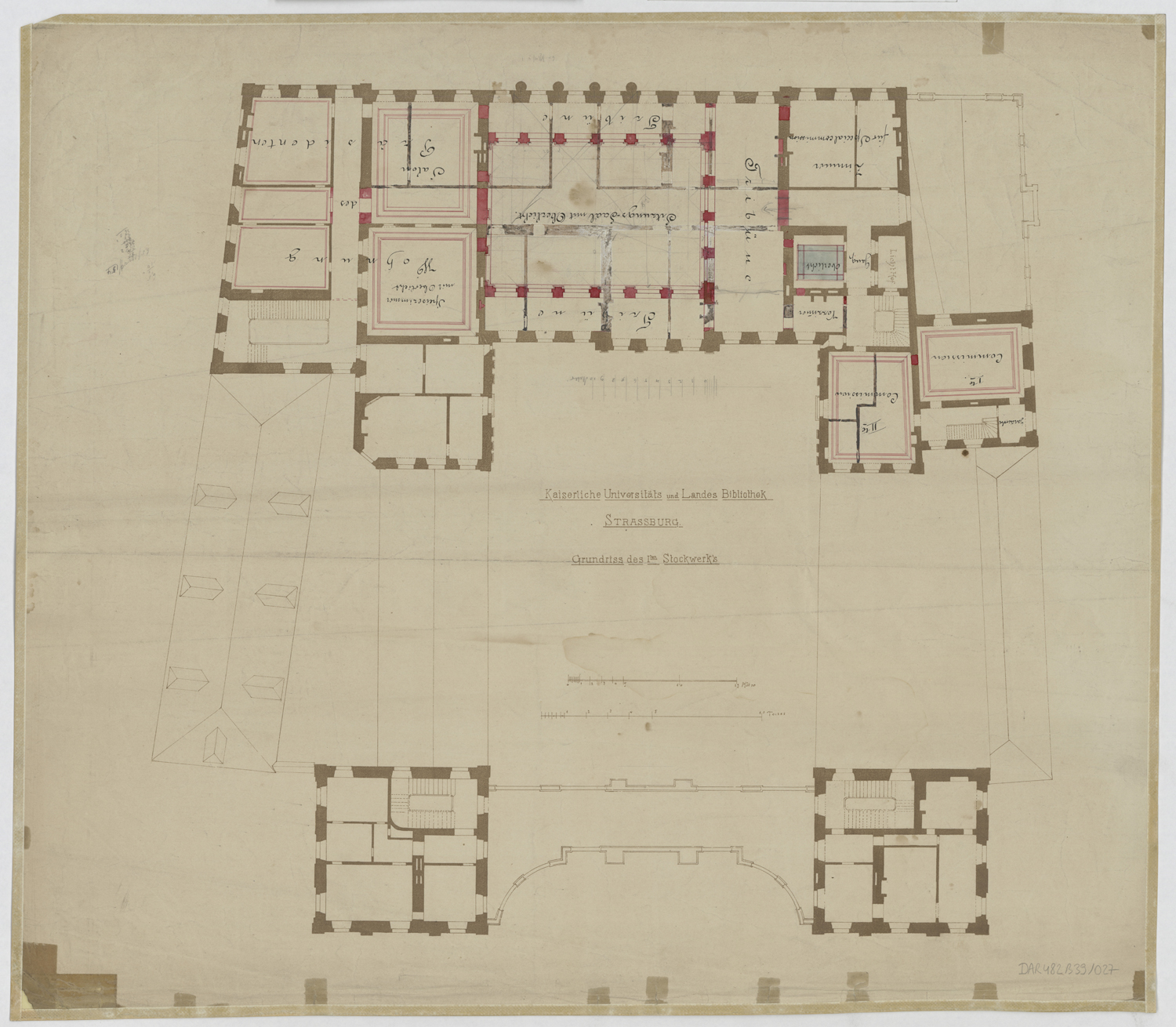 Projet d’aménagement en bibliothèque universitaire, plan de masse du premier étage.