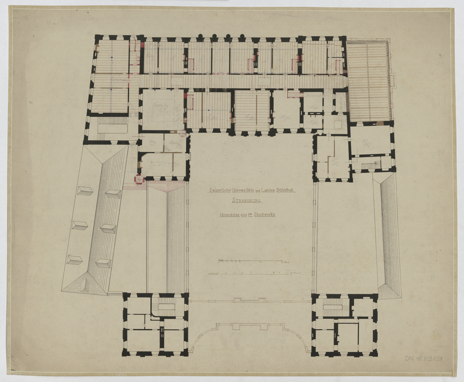 Projet d’aménagement en bibliothèque universitaire, plan de masse du premier étage.