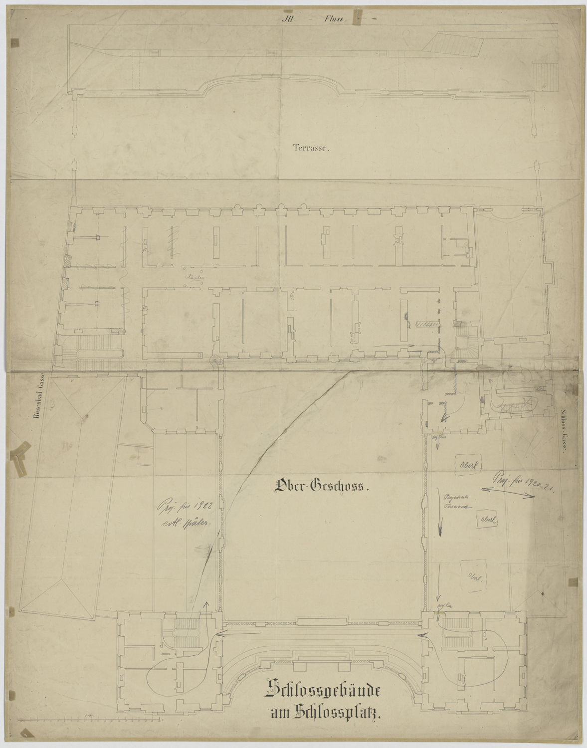 Projet d'aménagement des cours secondaires est et ouest vers 1920-1922, plan de masse du premier étage.