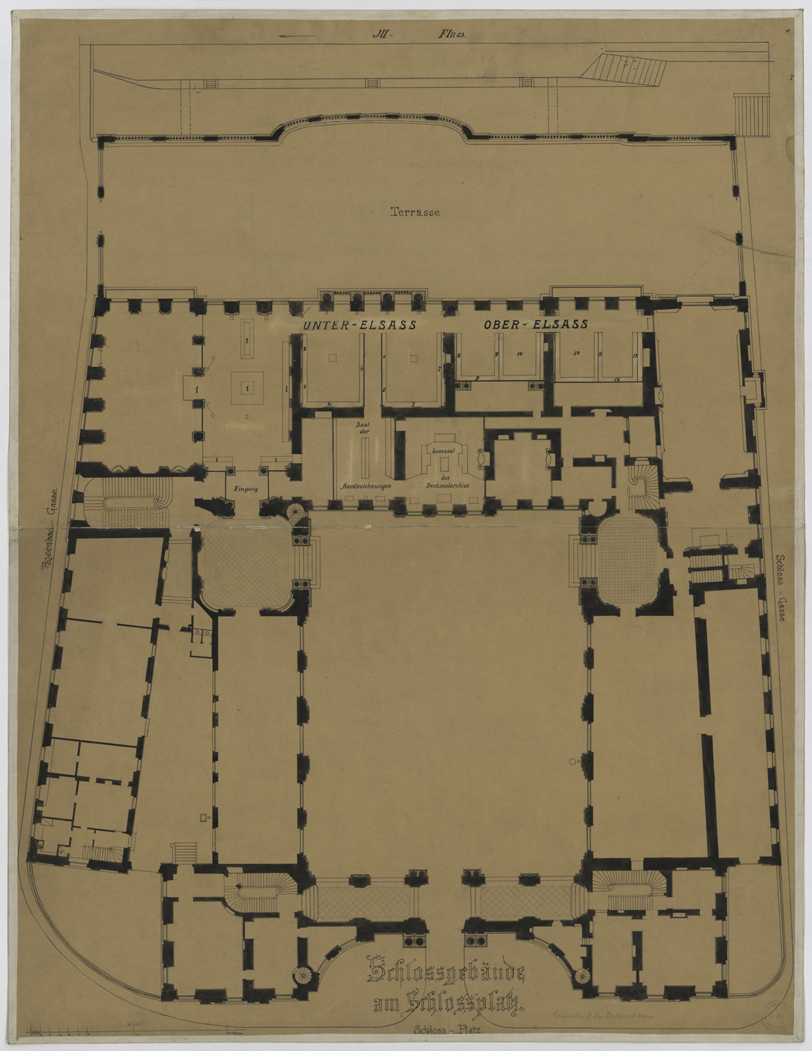 Aménagement pour l'exposition de 1901 relative aux monuments historiques, plan de masse du rez-de-chaussée.