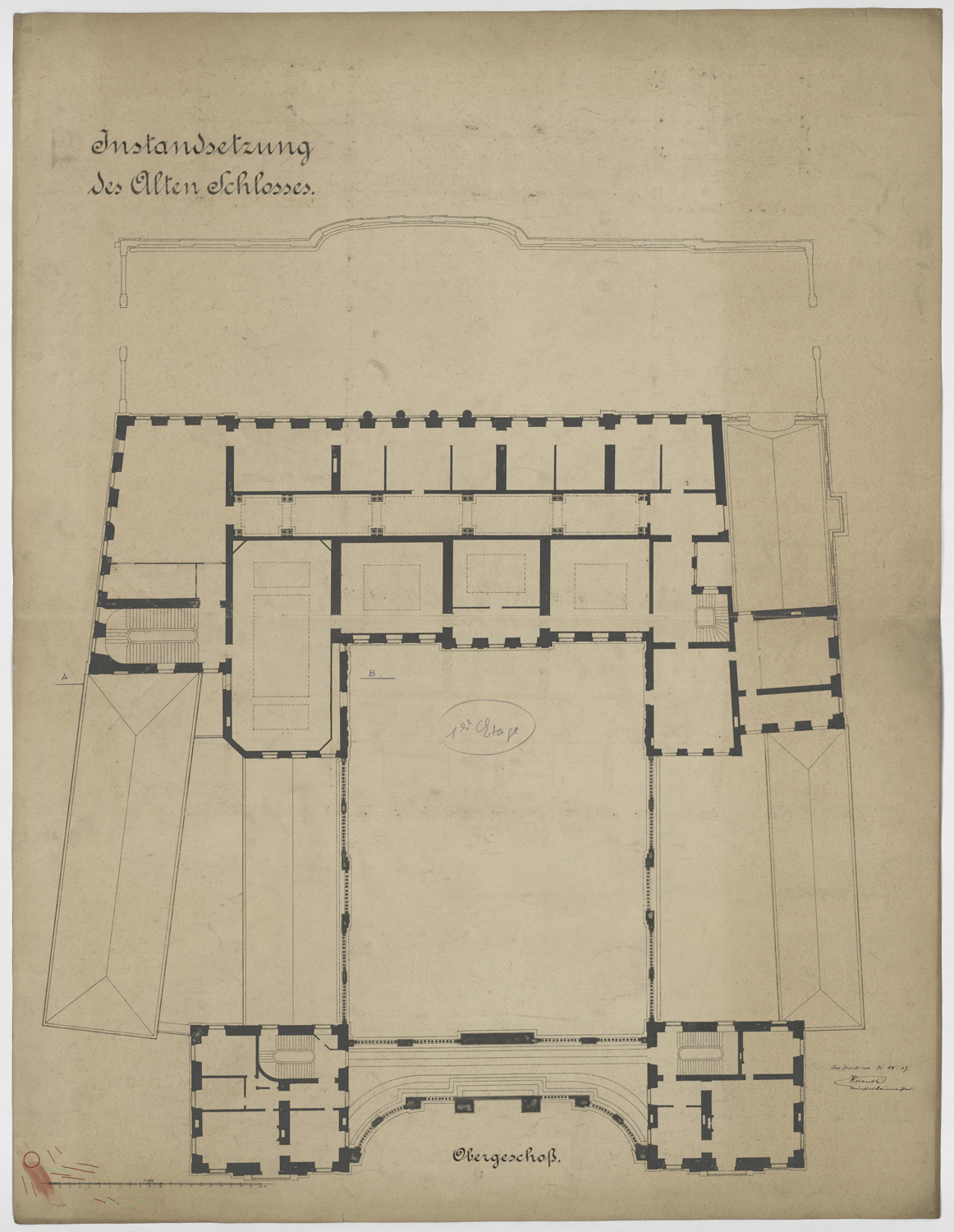 Projet de réaménagement, plan de masse du premier étage.