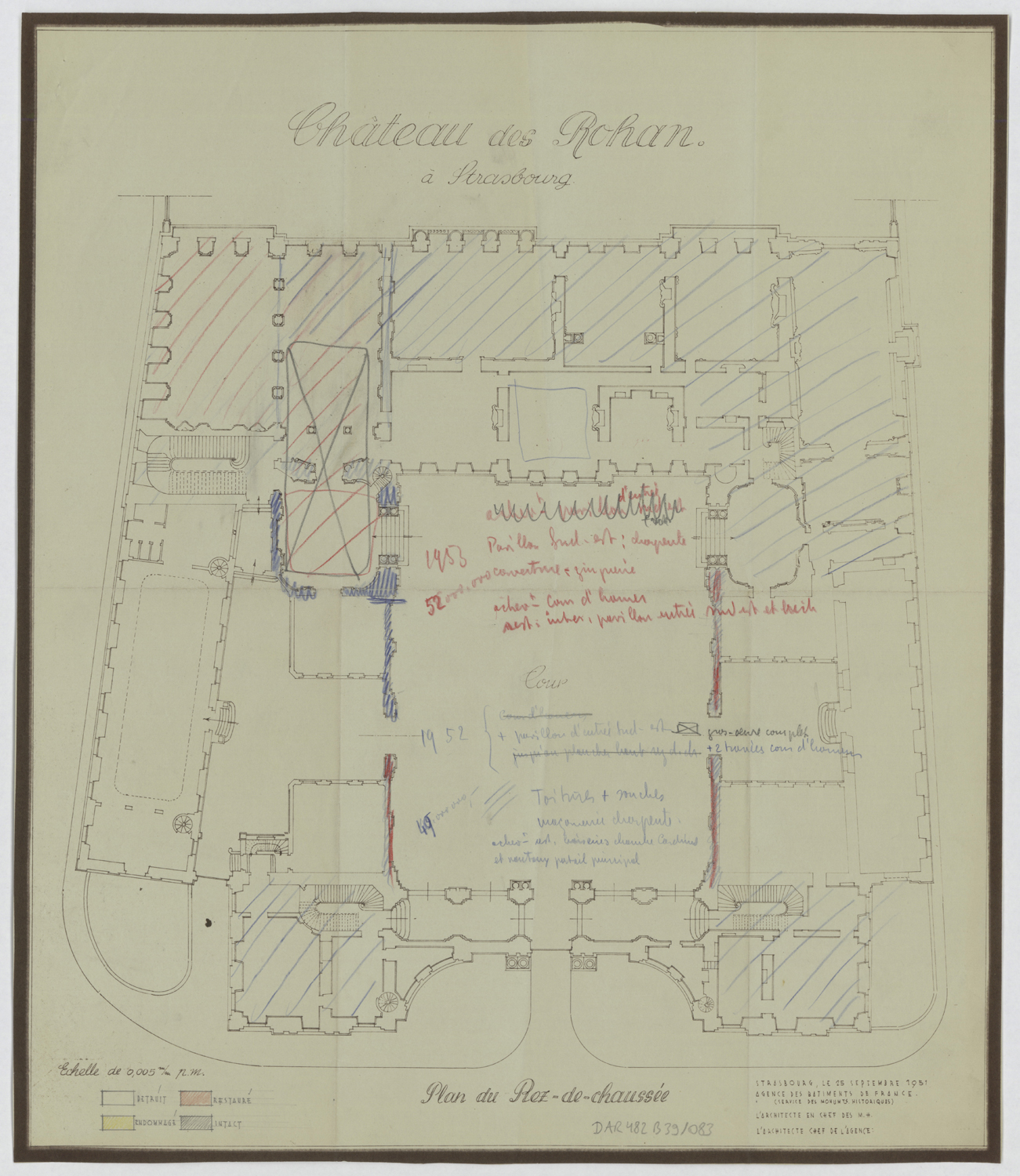 Dommages de guerre et travaux de restauration, plan de masse du rez-de-chaussée.