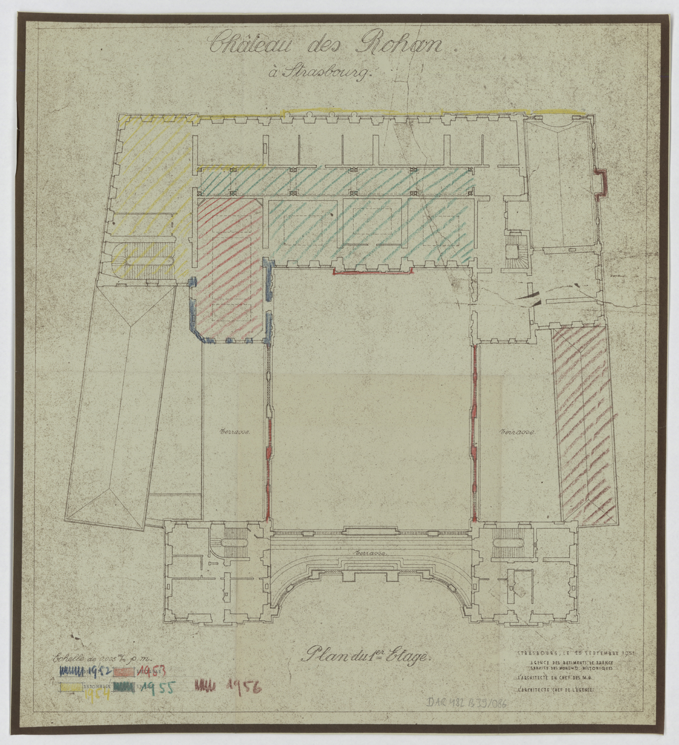 Travaux de restauration, plan de masse du premier étage et calendrier des travaux.