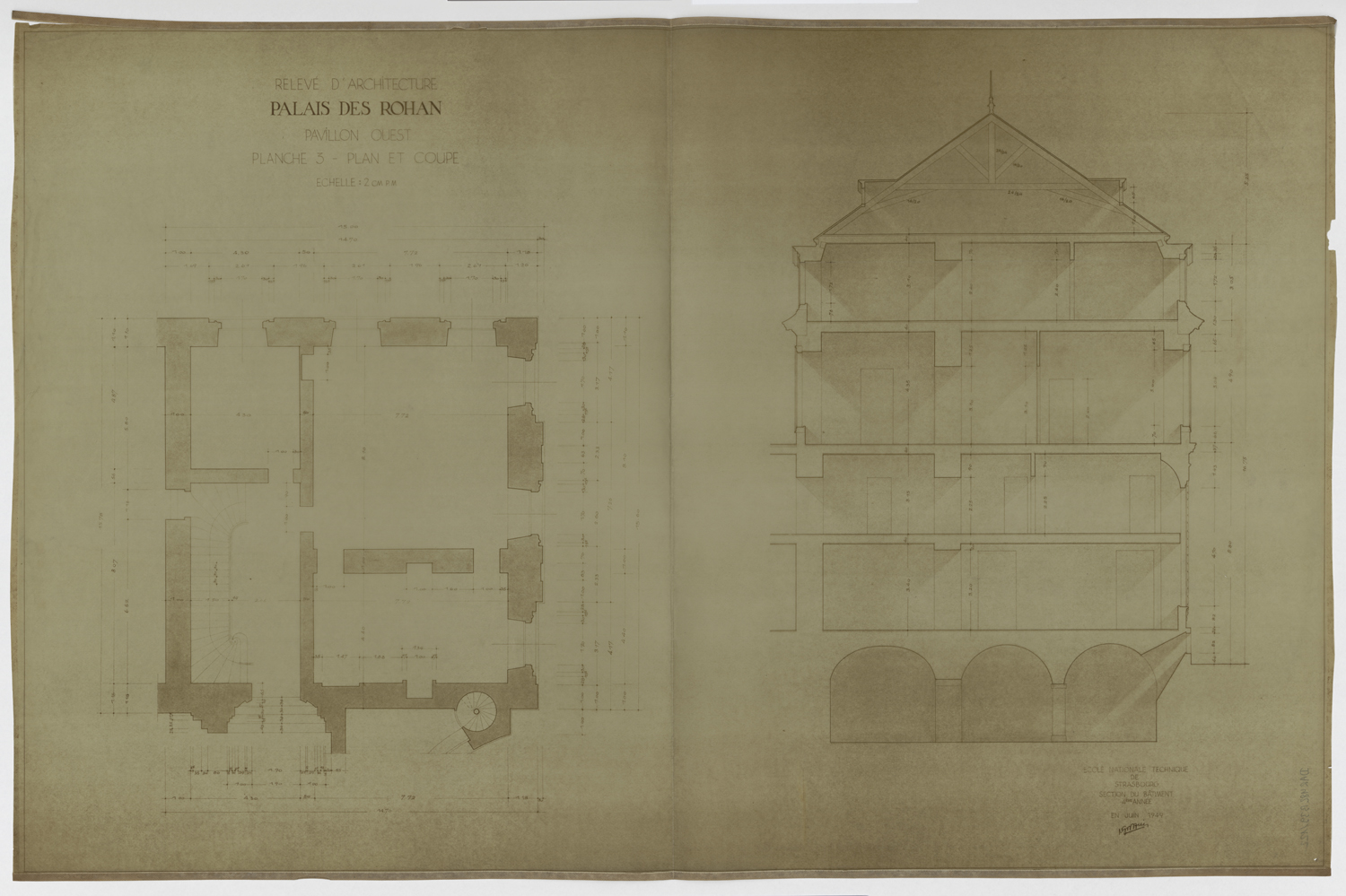 Pavillon ouest, plan de masse du rez-de-chaussée et coupe transversale.