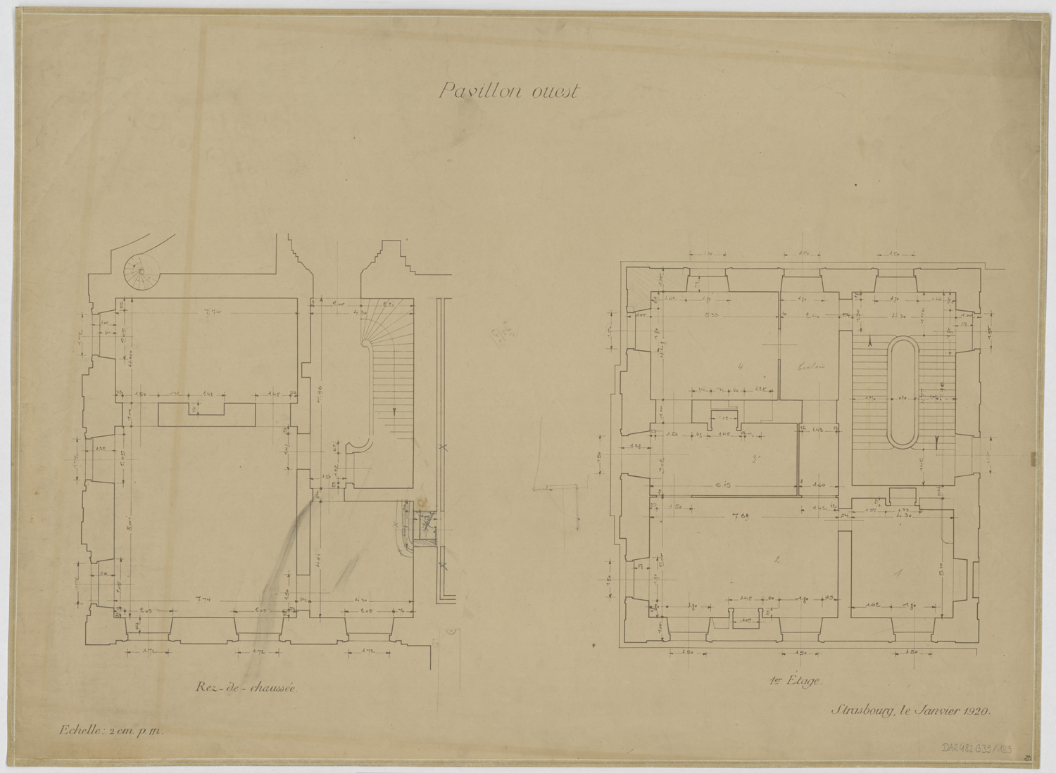 Pavillon ouest, plans de masse du rez-de-chaussée et du premier étage.