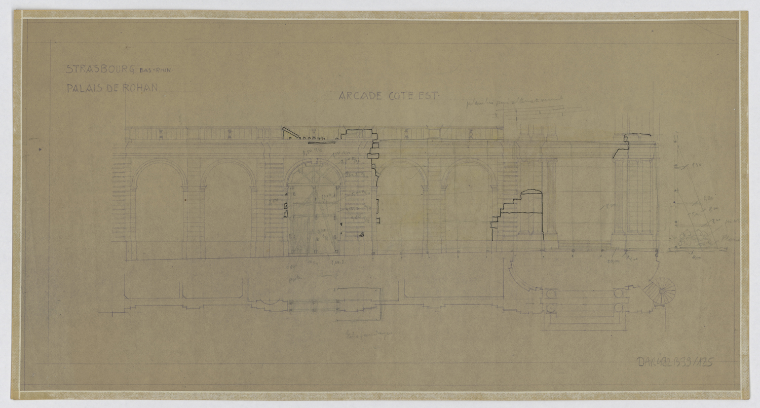 Dommages de guerre, plan de masse et élévation de l’arcade est.