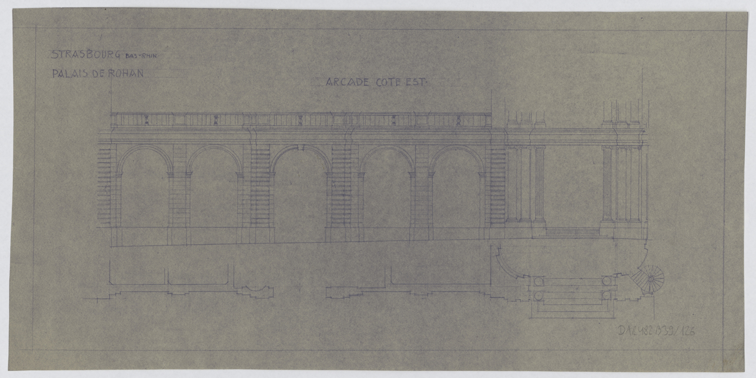 Arcade est, plan de masse et élévation.