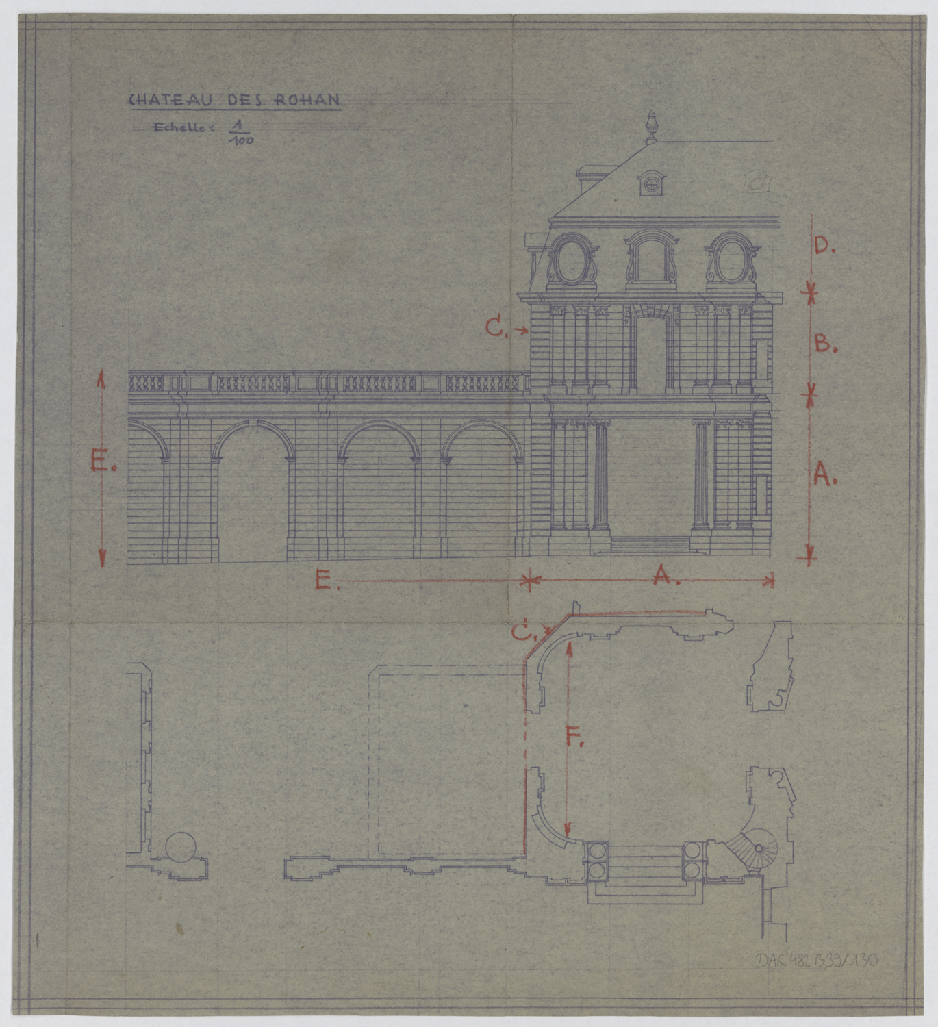 Aile est, plan de masse et élévation de la façade sur cour.