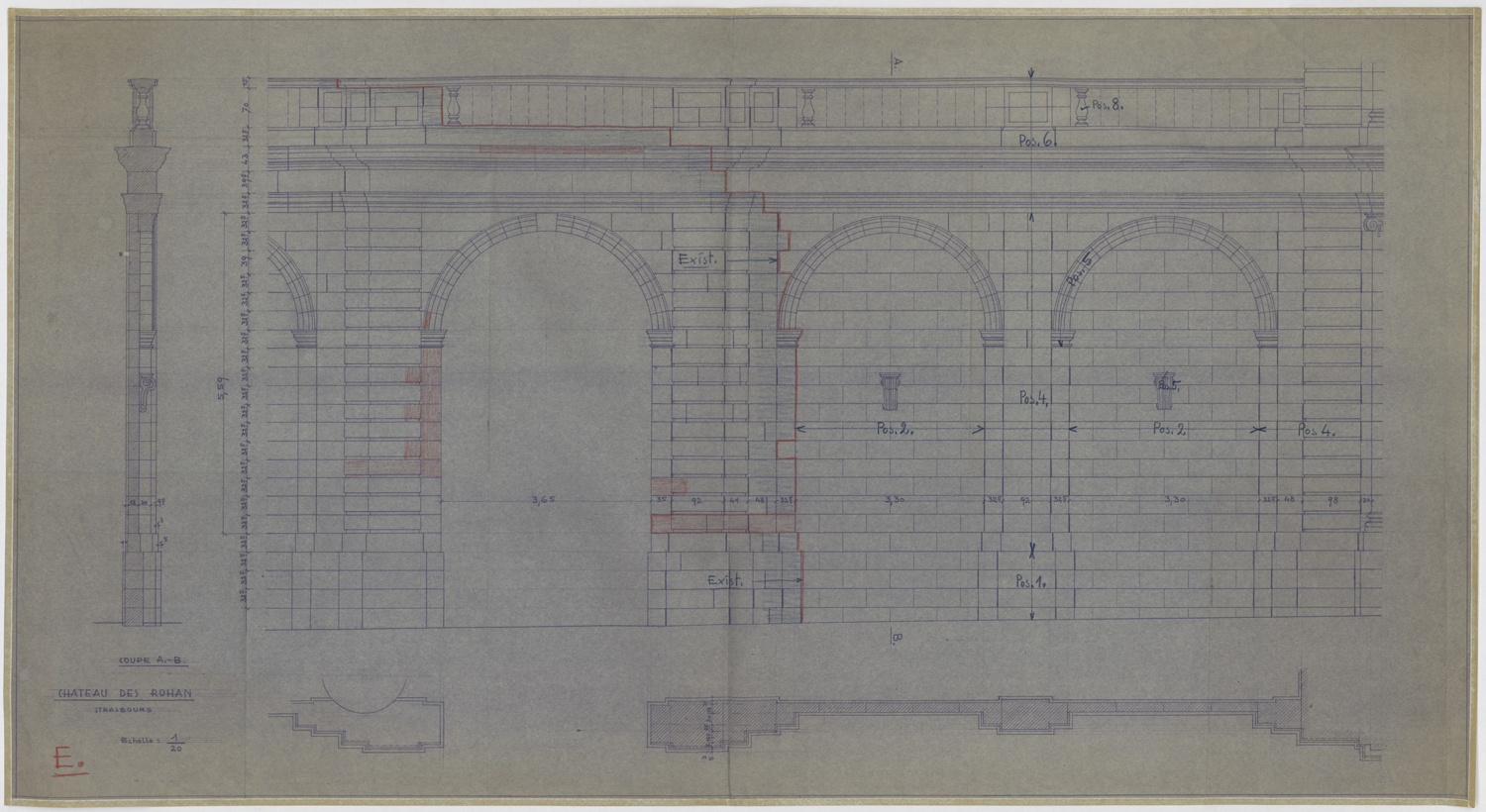 Arcade est, plan de masse, élévation et coupe.