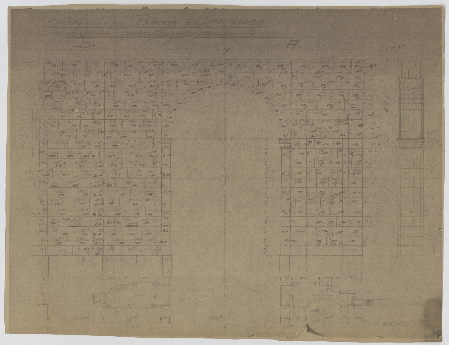 Arcade ouest, plan et élévation de la partie centrale.