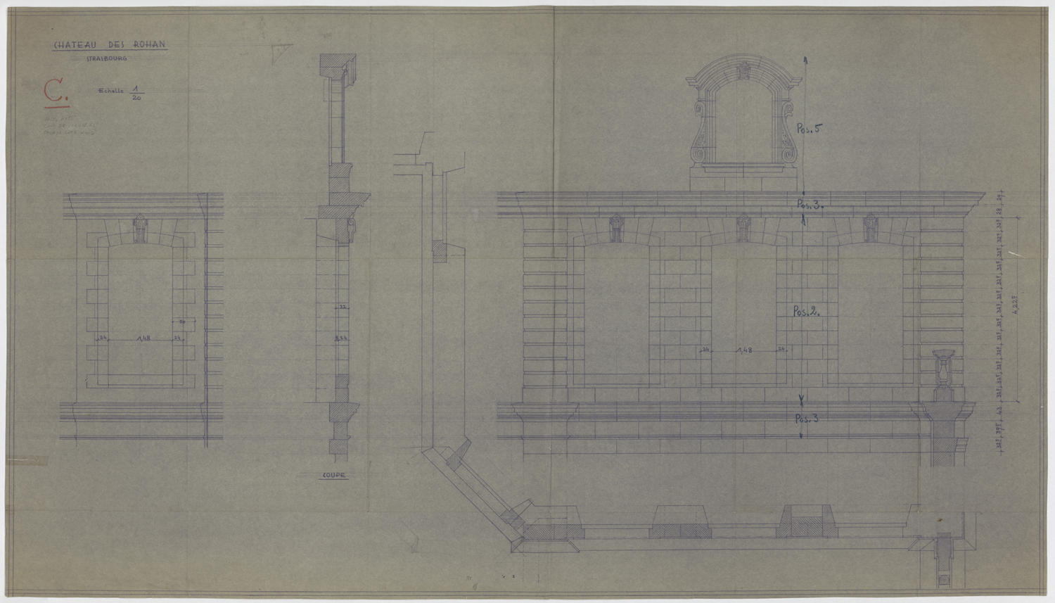 Façade principale, plan, élévation, coupe et détail du niveau d’attique.