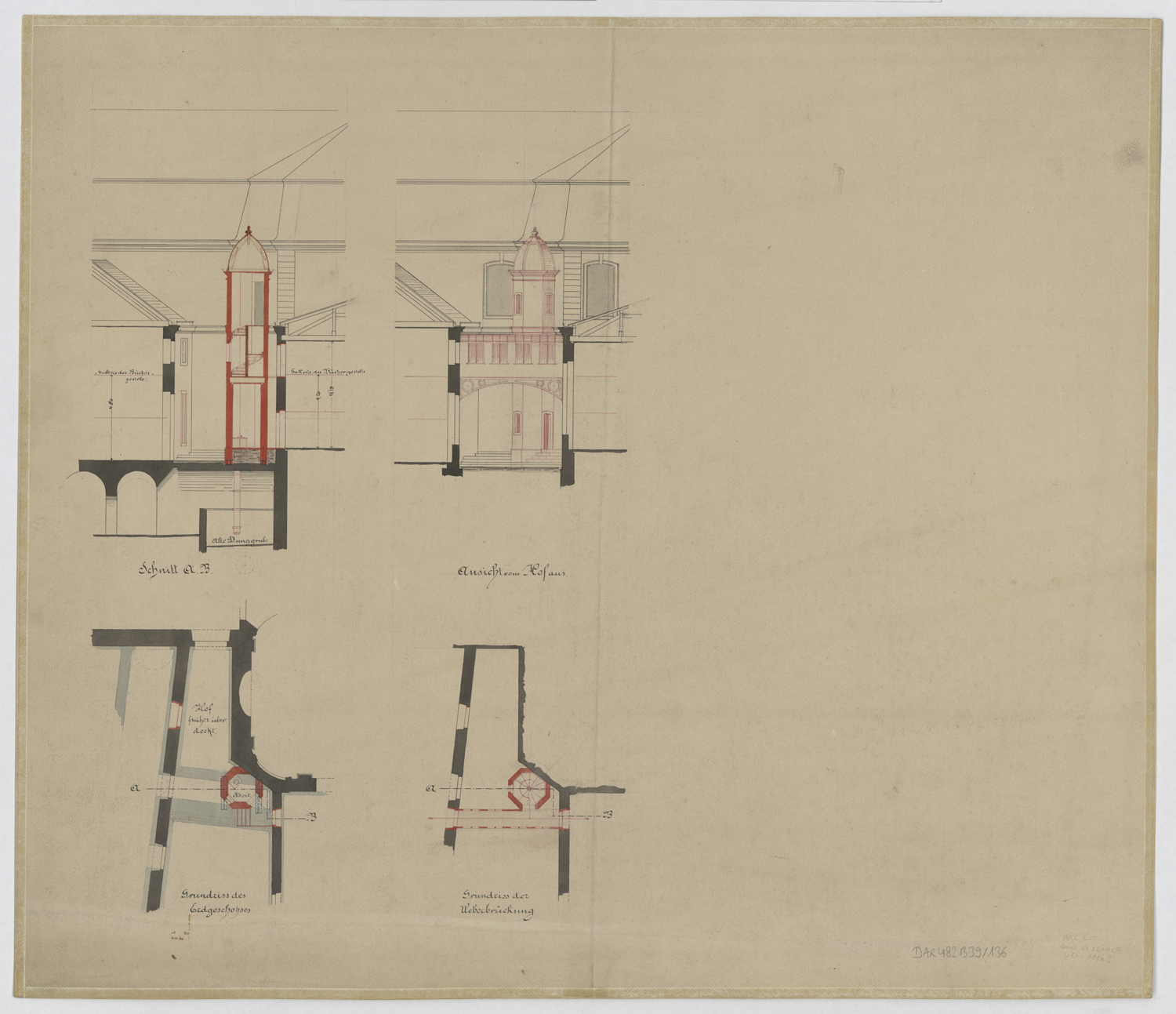 Projet de galerie reliant l'aile est, plans de masse et coupes.