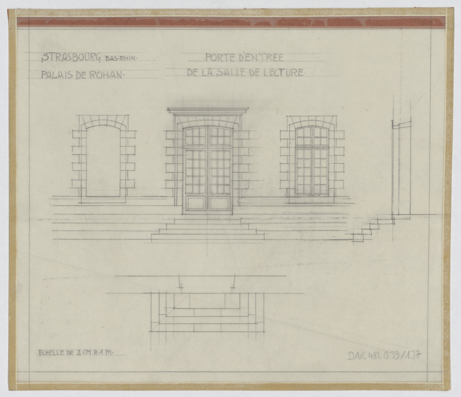 Salle de lecture, plan, élévation et coupe de la porte d’entrée.